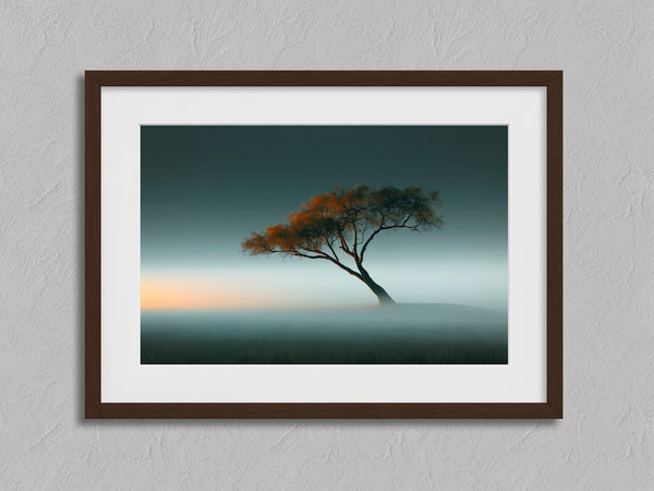 Lone orange autumn tree leaning through mist beneath a soft teal sky.