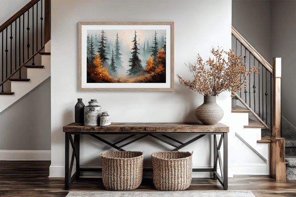 Misty evergreen forest with deep green pines and warm orange autumn foliage.
