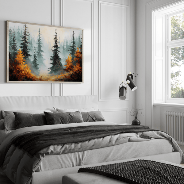 Misty evergreen forest with deep green pines and warm orange autumn foliage.
