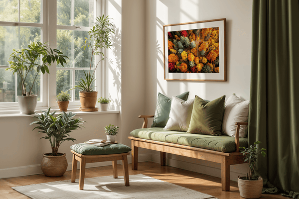A large framed wall art print featuring a dense, colourful abstract floral or forest-like pattern in red, orange, yellow, green, and blue.