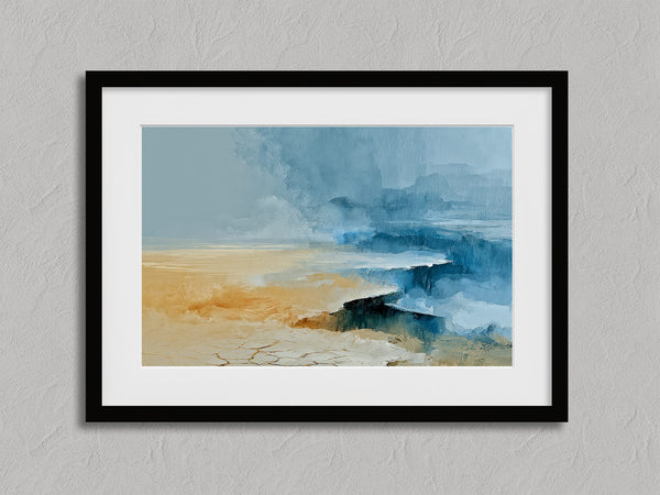Abstract coastal artwork with layered blue waves, textured ivory forms and a warm golden shoreline.