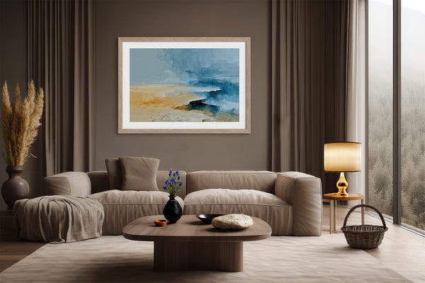 Abstract coastal artwork with layered blue waves, textured ivory forms and a warm golden shoreline.