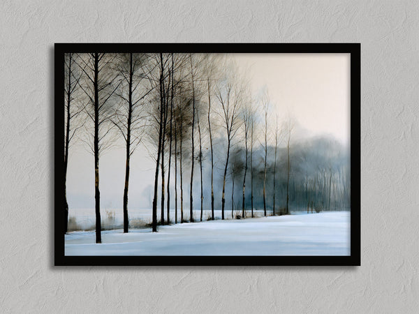 Bare winter trees fading into blue-grey mist across a quiet snow-covered landscape.