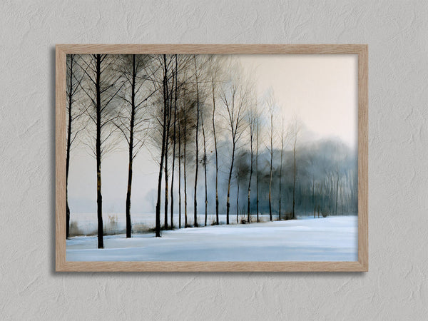 Bare winter trees fading into blue-grey mist across a quiet snow-covered landscape.