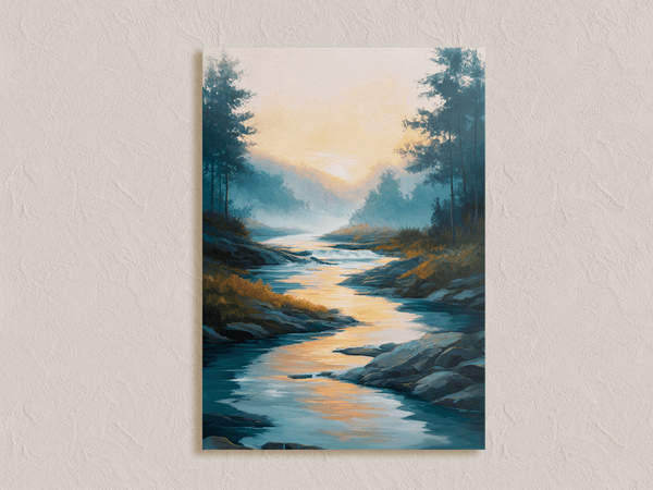 Canvas wall art of a sunrise over a misty river and forest. A calming watercolour-inspired print, ready to hang.