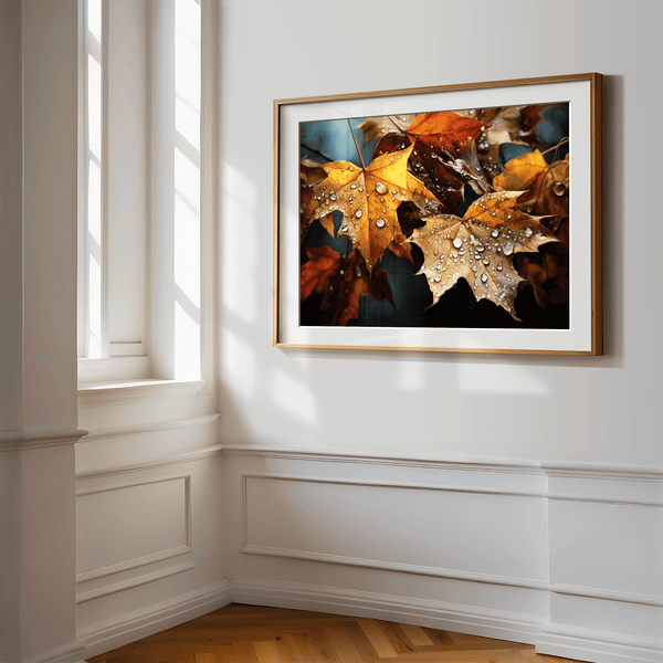 Canvas wall art of autumn leaves in amber, gold, and mahogany with dewdrops. A warm, vibrant seasonal print. Ready to hang.