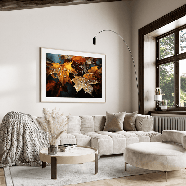 Canvas wall art of autumn leaves in amber, gold, and mahogany with dewdrops. A warm, vibrant seasonal print. Ready to hang.