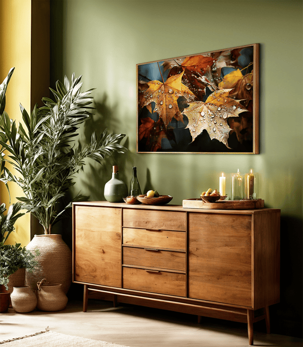 Canvas wall art of autumn leaves in amber, gold, and mahogany with dewdrops. A warm, vibrant seasonal print. Ready to hang.