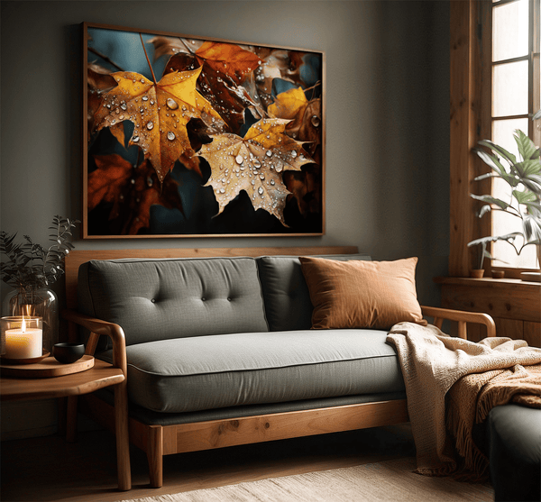 Canvas wall art of autumn leaves in amber, gold, and mahogany with dewdrops. A warm, vibrant seasonal print. Ready to hang.