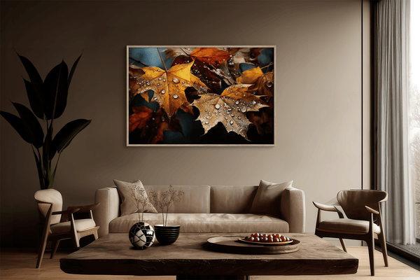 Canvas wall art of autumn leaves in amber, gold, and mahogany with dewdrops. A warm, vibrant seasonal print. Ready to hang.
