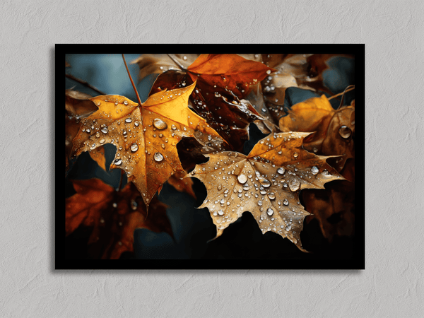 Canvas wall art of autumn leaves in amber, gold, and mahogany with dewdrops. A warm, vibrant seasonal print. Ready to hang.