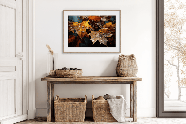 Canvas wall art of autumn leaves in amber, gold, and mahogany with dewdrops. A warm, vibrant seasonal print. Ready to hang.