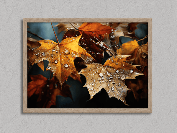 Canvas wall art of autumn leaves in amber, gold, and mahogany with dewdrops. A warm, vibrant seasonal print. Ready to hang.