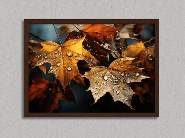 Canvas wall art of autumn leaves in amber, gold, and mahogany with dewdrops. A warm, vibrant seasonal print. Ready to hang.