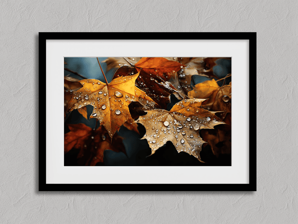 Canvas wall art of autumn leaves in amber, gold, and mahogany with dewdrops. A warm, vibrant seasonal print. Ready to hang.