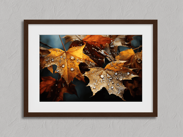 Canvas wall art of autumn leaves in amber, gold, and mahogany with dewdrops. A warm, vibrant seasonal print. Ready to hang.