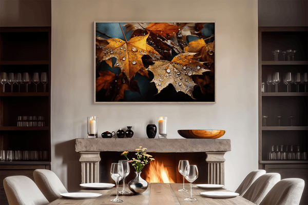 Canvas wall art of autumn leaves in amber, gold, and mahogany with dewdrops. A warm, vibrant seasonal print. Ready to hang.
