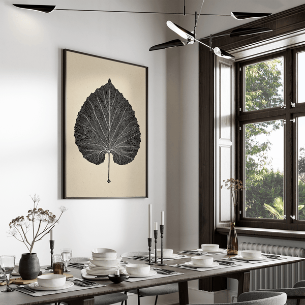Framed botanical print of a single aspen leaf in fine line art. Minimalist, organic wall decor with timeless natural elegance.