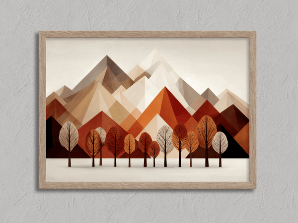 Framed wall art with warm tones and minimalist mountainscape during autumn. A calming, earthy abstract print. Ready to hang.