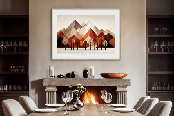 Framed wall art with warm tones and minimalist mountainscape during autumn. A calming, earthy abstract print. Ready to hang.