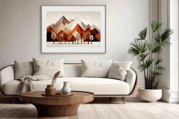 Framed wall art with warm tones and minimalist mountainscape during autumn. A calming, earthy abstract print. Ready to hang.