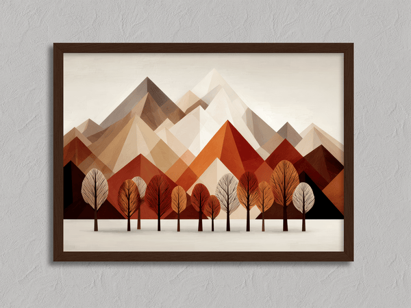 Framed wall art with warm tones and minimalist mountainscape during autumn. A calming, earthy abstract print. Ready to hang.