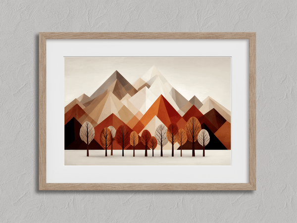 Framed wall art with warm tones and minimalist mountainscape during autumn. A calming, earthy abstract print. Ready to hang.