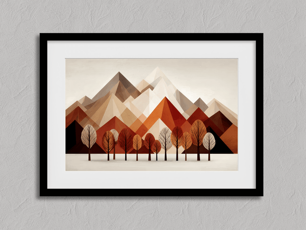Framed wall art with warm tones and minimalist mountainscape during autumn. A calming, earthy abstract print. Ready to hang.