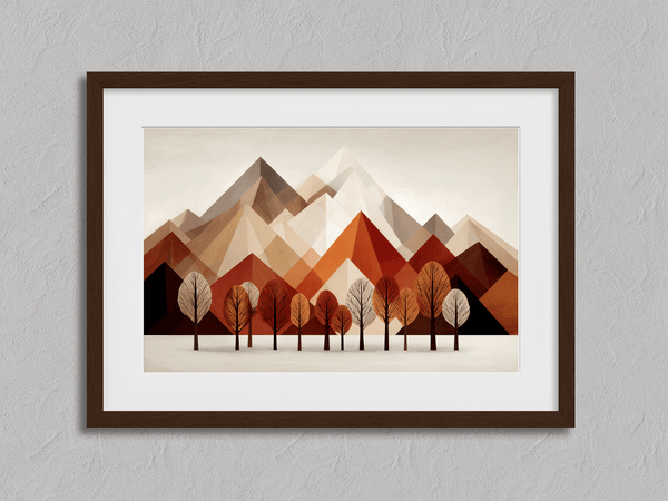 Framed wall art with warm tones and minimalist mountainscape during autumn. A calming, earthy abstract print. Ready to hang.