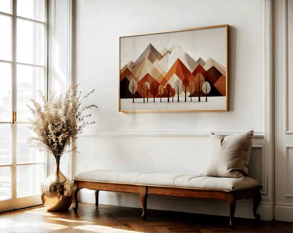 Framed wall art with warm tones and minimalist mountainscape during autumn. A calming, earthy abstract print. Ready to hang.