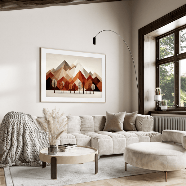 Framed wall art with warm tones and minimalist mountainscape during autumn. A calming, earthy abstract print. Ready to hang.