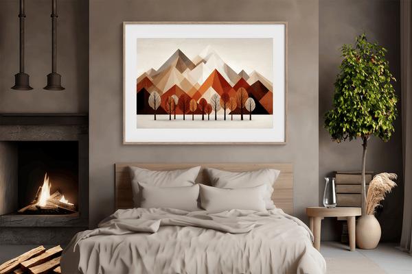 Framed wall art with warm tones and minimalist mountainscape during autumn. A calming, earthy abstract print. Ready to hang.