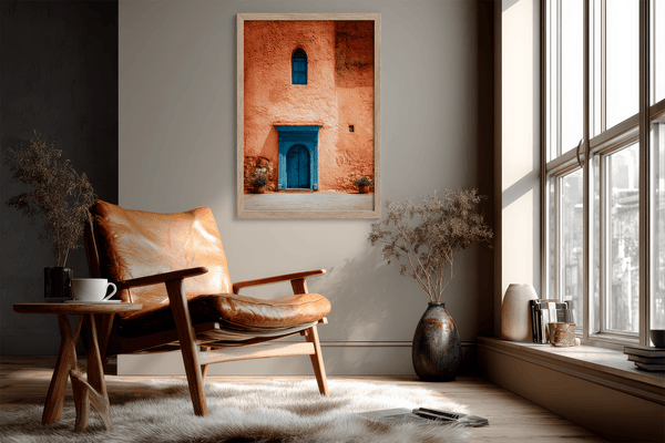 Framed Moroccan street scene art print featuring a vivid blue doorway and ochre wall. A soulful, timeless piece for eclectic interiors.