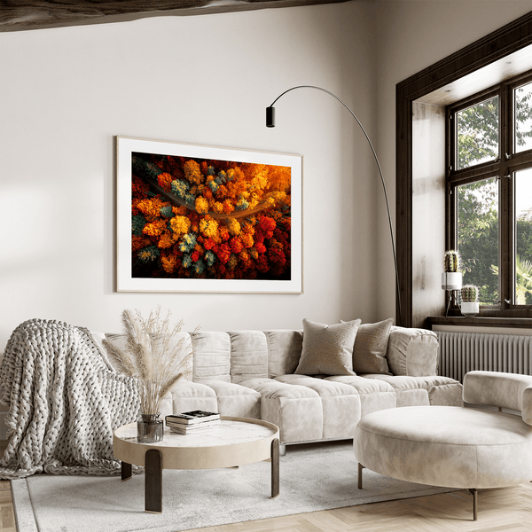 Canvas wall art of an autumn forest from above in crimson, gold, and flame hues. A vibrant seasonal landscape print. Ready to hang.