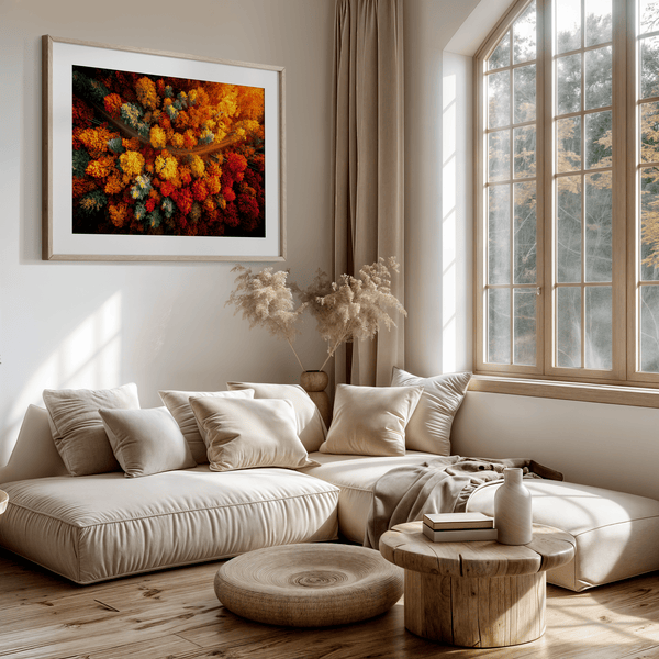 Canvas wall art of an autumn forest from above in crimson, gold, and flame hues. A vibrant seasonal landscape print. Ready to hang.