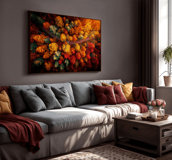Canvas wall art of an autumn forest from above in crimson, gold, and flame hues. A vibrant seasonal landscape print. Ready to hang.