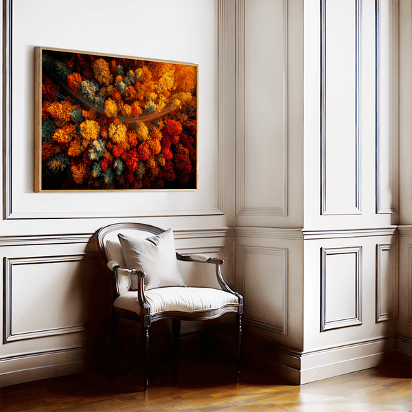 Canvas wall art of an autumn forest from above in crimson, gold, and flame hues. A vibrant seasonal landscape print. Ready to hang.