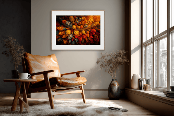 Canvas wall art of an autumn forest from above in crimson, gold, and flame hues. A vibrant seasonal landscape print. Ready to hang.