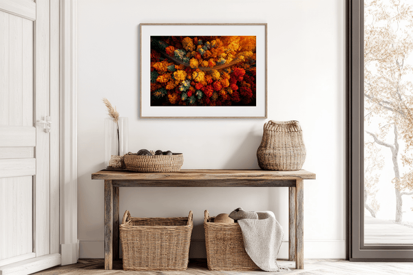Canvas wall art of an autumn forest from above in crimson, gold, and flame hues. A vibrant seasonal landscape print. Ready to hang.