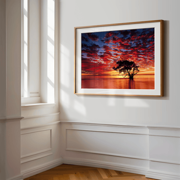 Framed wall art of a solitary ocean tree at sunrise. A serene fine art print capturing dawn’s quiet light over sea and sky.