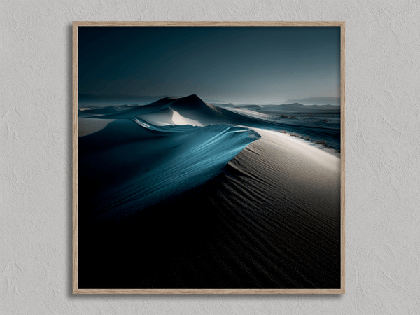 Framed desert moonlight wall art in deep blues and soft whites. A calming nightscape that brings quiet wonder to any room.