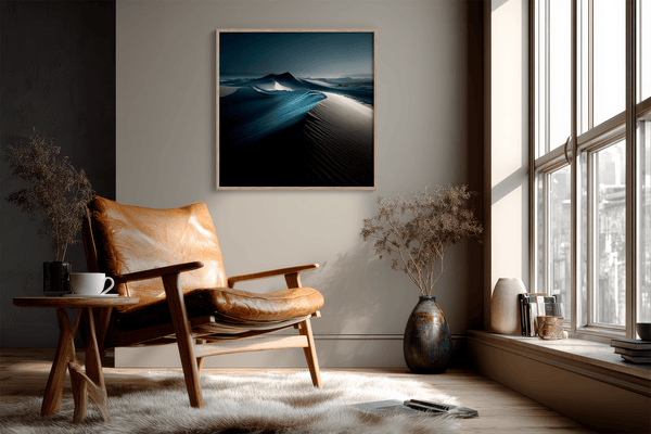 Framed desert moonlight wall art in deep blues and soft whites. A calming nightscape that brings quiet wonder to any room.