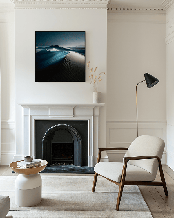 Framed desert moonlight wall art in deep blues and soft whites. A calming nightscape that brings quiet wonder to any room.