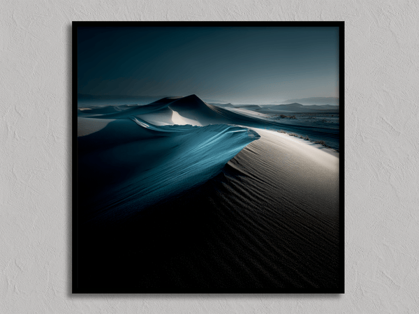 Framed desert moonlight wall art in deep blues and soft whites. A calming nightscape that brings quiet wonder to any room.
