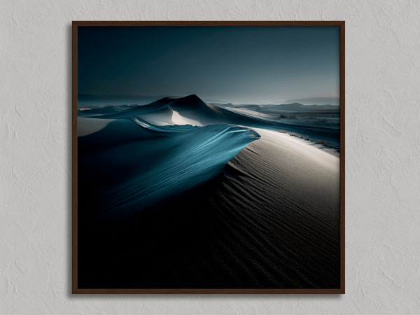 Framed desert moonlight wall art in deep blues and soft whites. A calming nightscape that brings quiet wonder to any room.