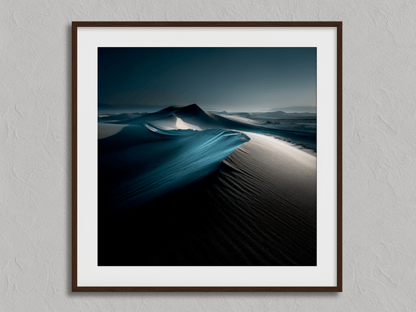 Framed desert moonlight wall art in deep blues and soft whites. A calming nightscape that brings quiet wonder to any room.
