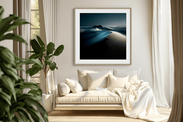 Framed desert moonlight wall art in deep blues and soft whites. A calming nightscape that brings quiet wonder to any room.