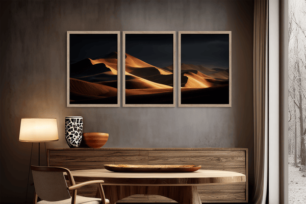 Desert Serenity captures golden dunes at sunset — a wall art print bringing timeless desert beauty and tranquillity into your space.