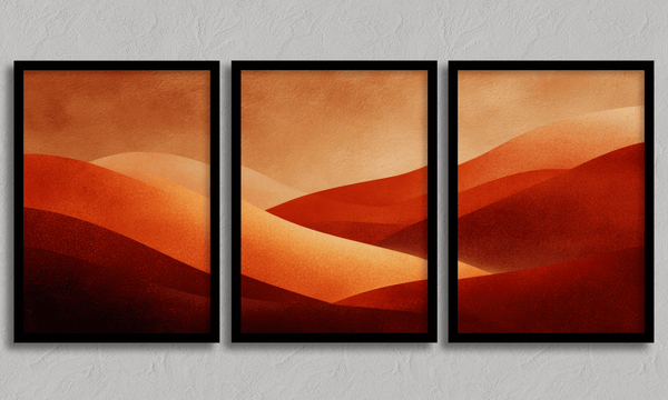 Framed desert sunset triptych wall art in warm red and amber tones. A soft, minimalist watercolour print that brings warmth and calm.