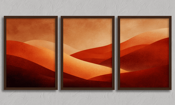 Framed desert sunset triptych wall art in warm red and amber tones. A soft, minimalist watercolour print that brings warmth and calm.